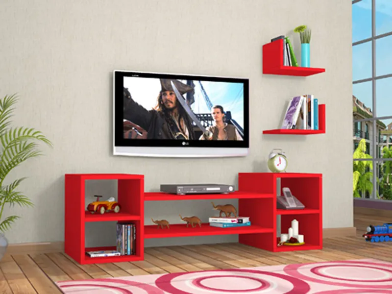 tv komoda crveno sa zidnim policama 1a