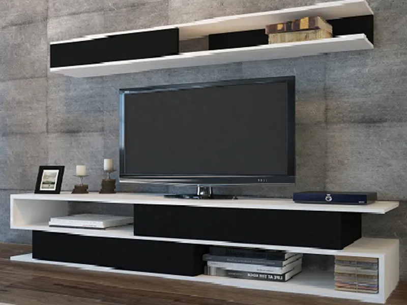 tv komoda belo crno sa zidnim elementom 2b